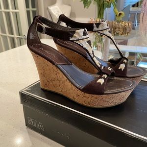 Mia Brown Suede Beaded Strap Wedge Sandal Size 8.5
